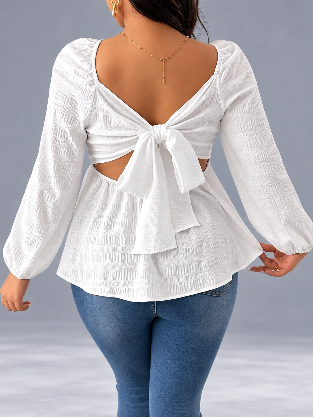 Plus Size Square Neck Long Sleeve Peplum Blouse
