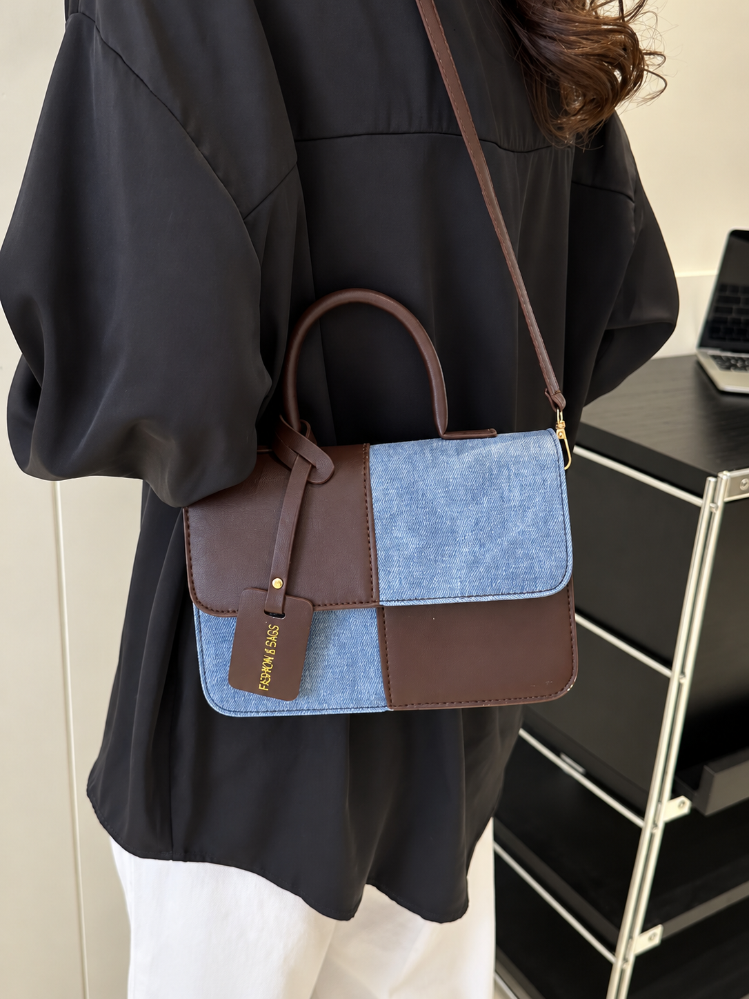 Two-Tone PU Leather Crossbody Bag