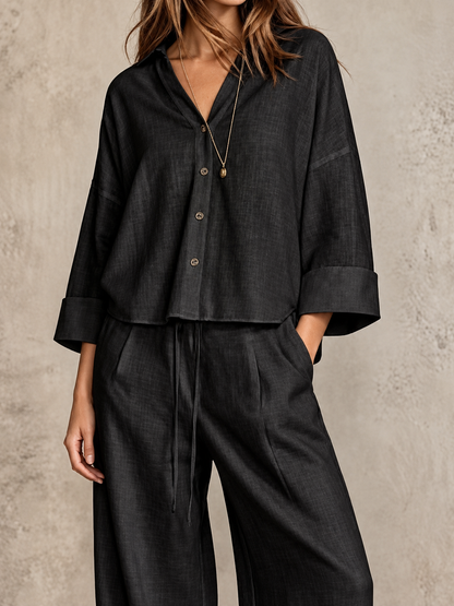 Full Size Button-Down Shirt and Wide-Leg Pants Set (Plus Size included)
