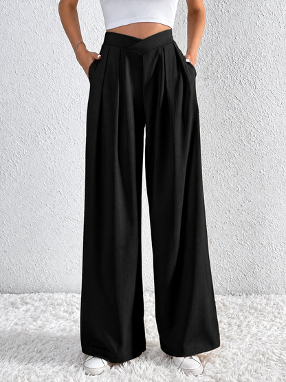 V-Waisted Ruched Front Wide Leg Pants