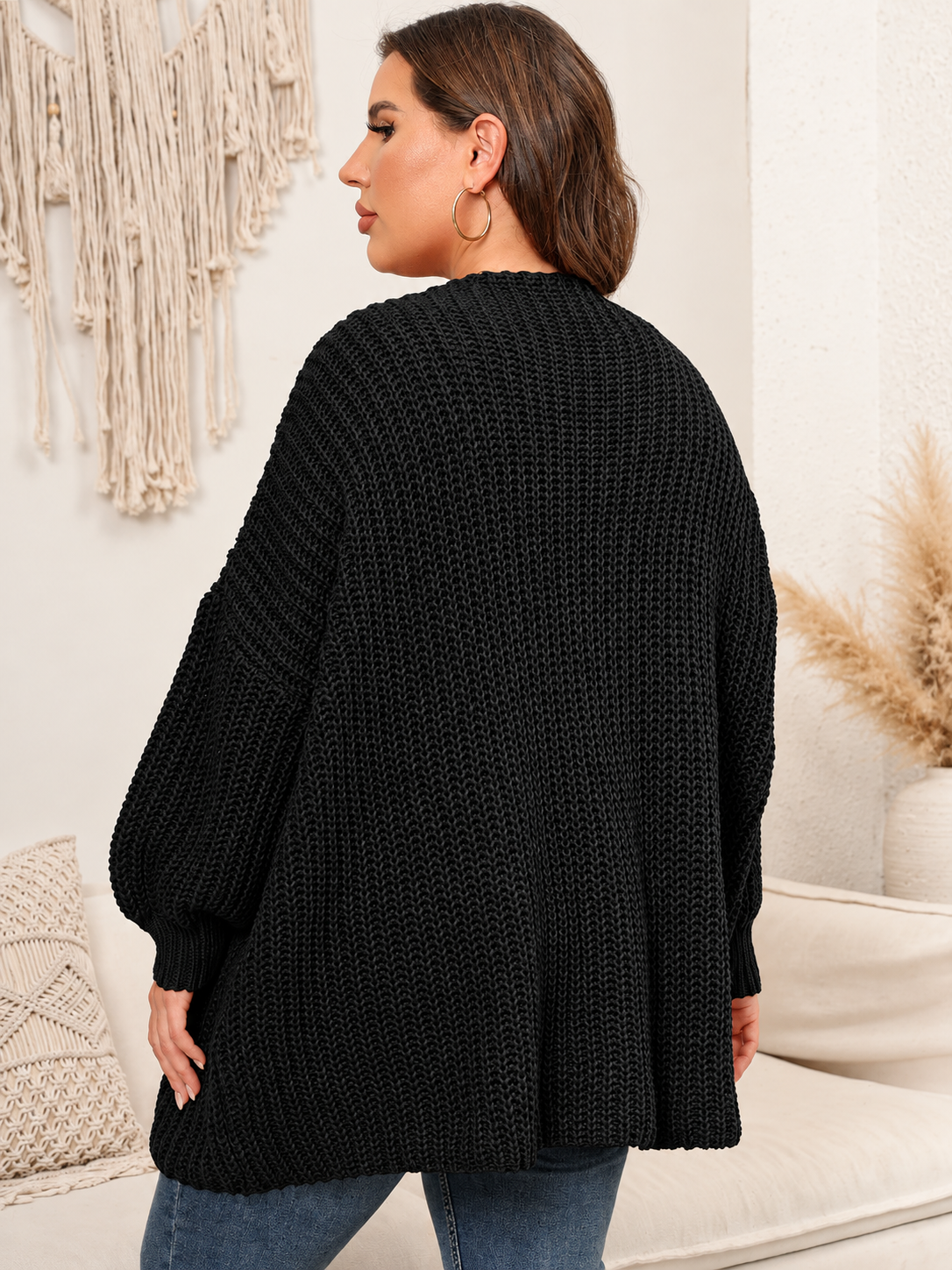 Plus Size Open Front Dropped Shoulder Knit Cardigan