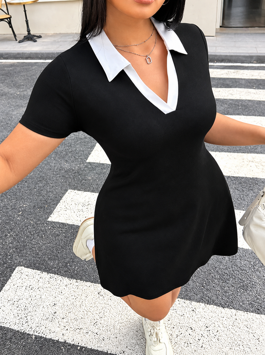 Plus Size Contrast Collar Bodycon Mini Dress