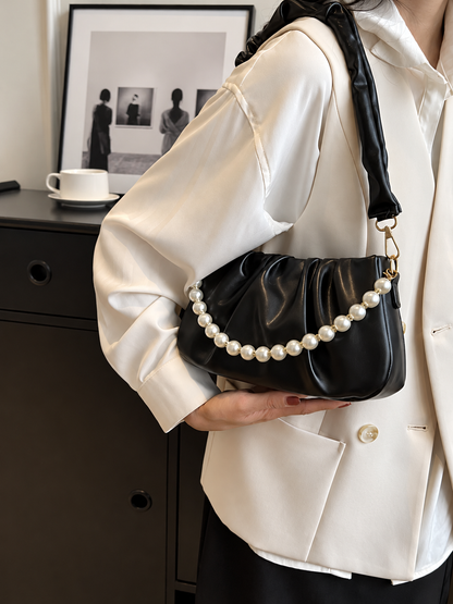 Ruched Shoulder Bag with Pearl Embellishment