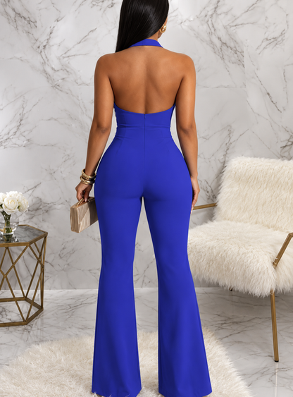 Halter Neck Cut-Out Flare Jumpsuit with Button Detail