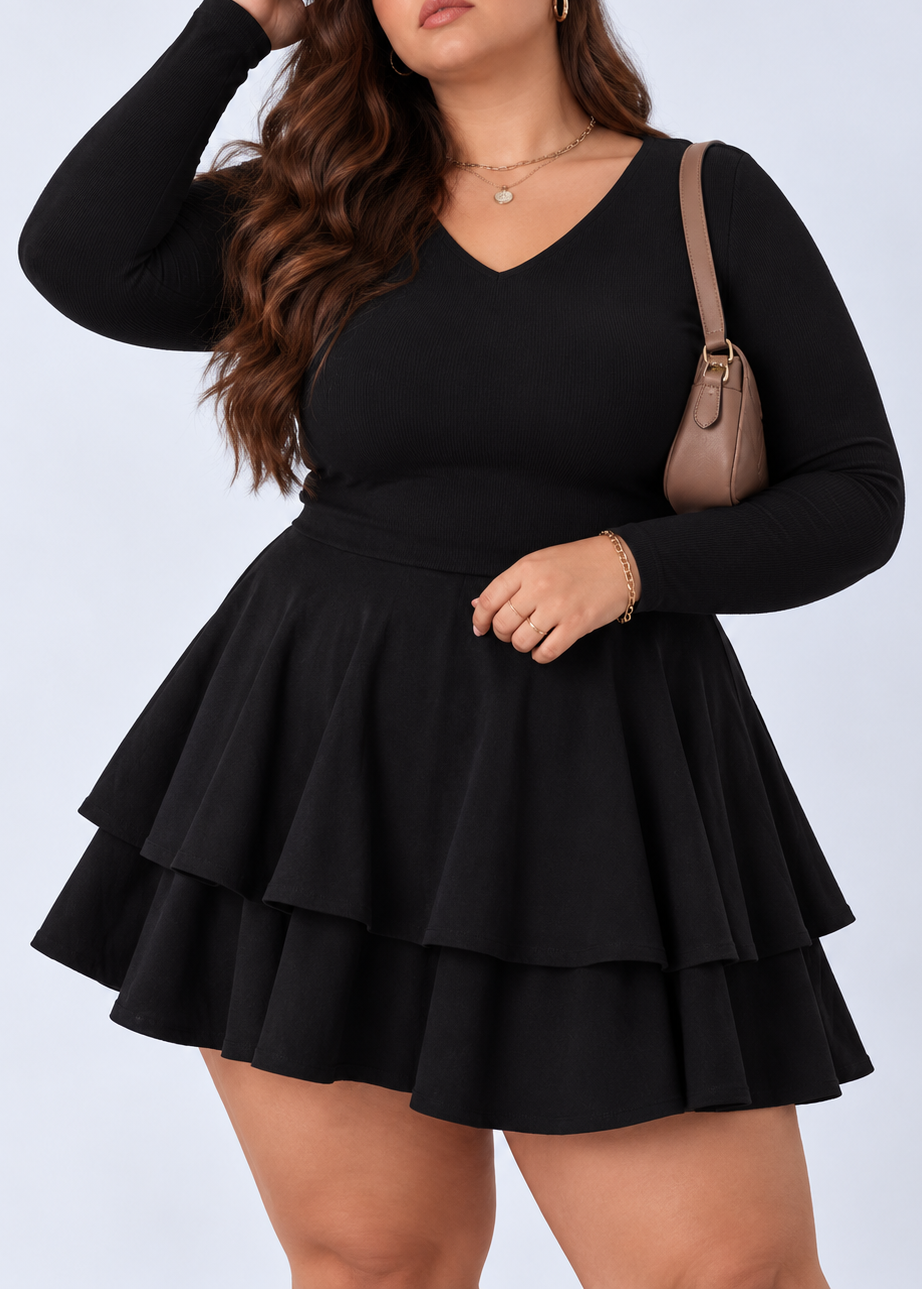 Plus Size Layered V-Neck Long Sleeve Mini Dress