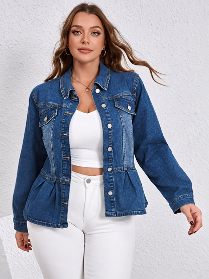 Plus Size Button-Up Peplum Denim Jacket