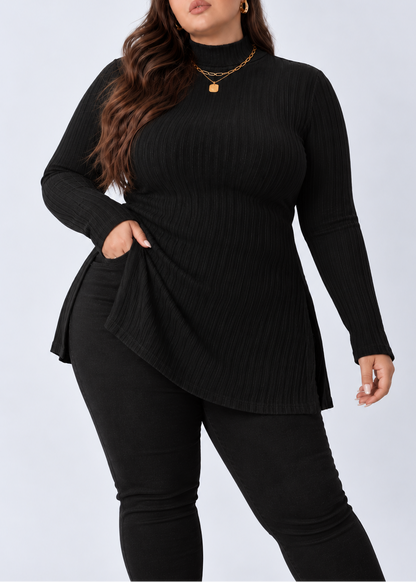 Plus Size Slit Ribbed Turtleneck Long Sleeve T-Shirt