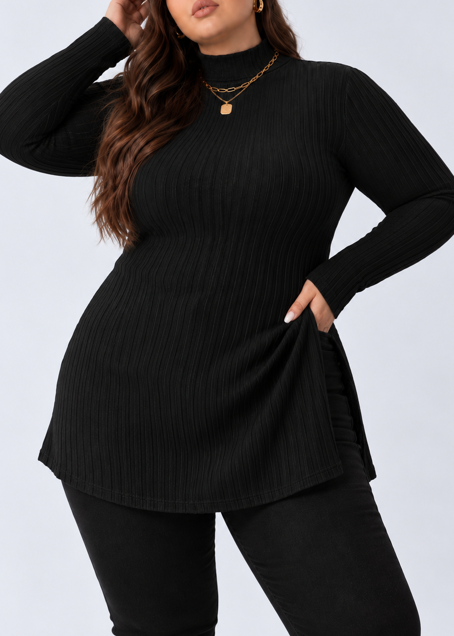 Plus Size Slit Ribbed Turtleneck Long Sleeve T-Shirt