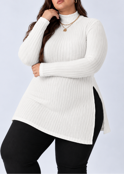 Plus Size Slit Ribbed Turtleneck Long Sleeve T-Shirt