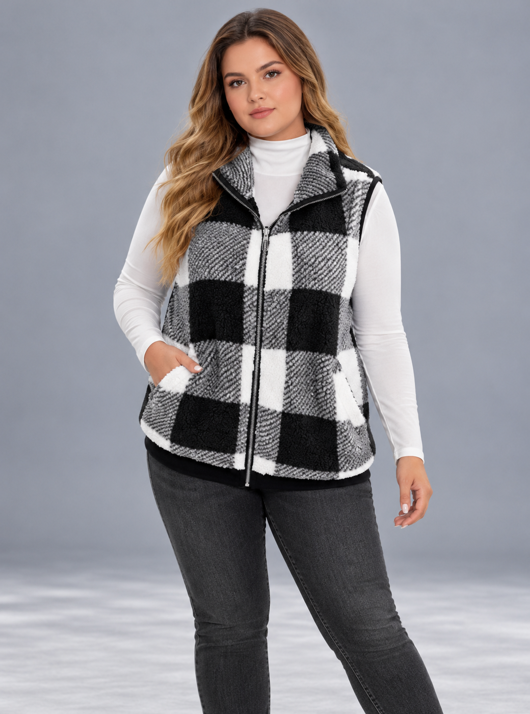 Plus Size Cozy Plaid Fleece Vest Coat
