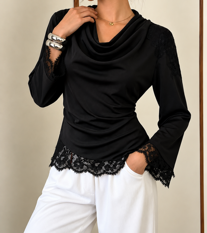 Lace Trim Cowl Neck Blouse