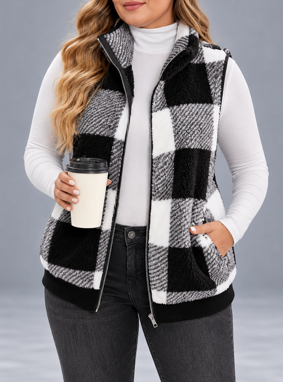Plus Size Cozy Plaid Fleece Vest Coat