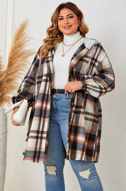Honey Plus Size Plaid Drop Shoulder Hooded Coat