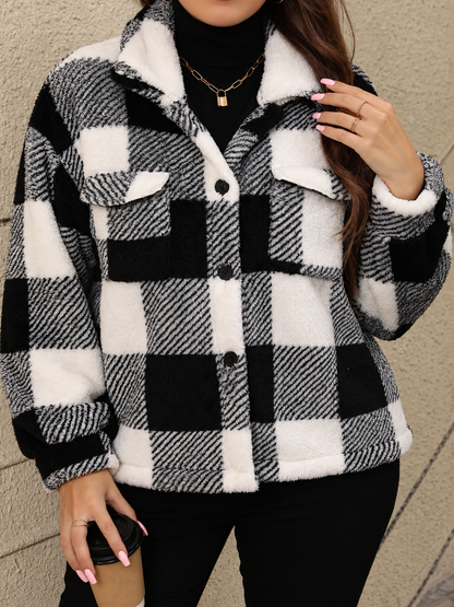 Plus Size Pocketed Plaid Collared Neck Jacket