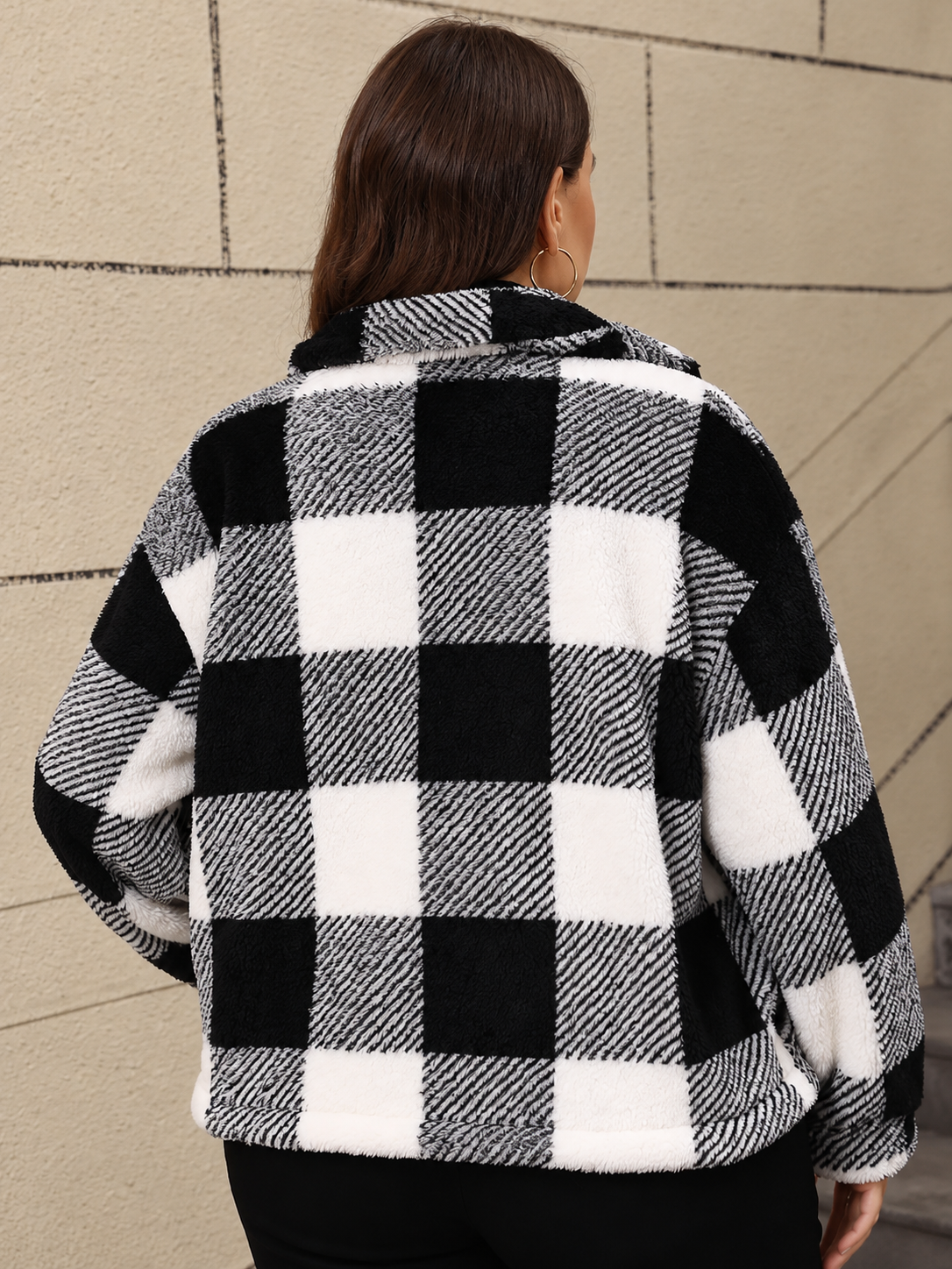 Plus Size Pocketed Plaid Collared Neck Jacket
