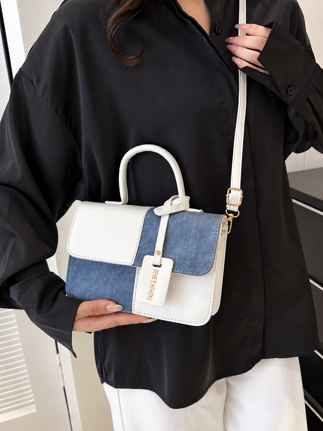 Two-Tone PU Leather Crossbody Bag