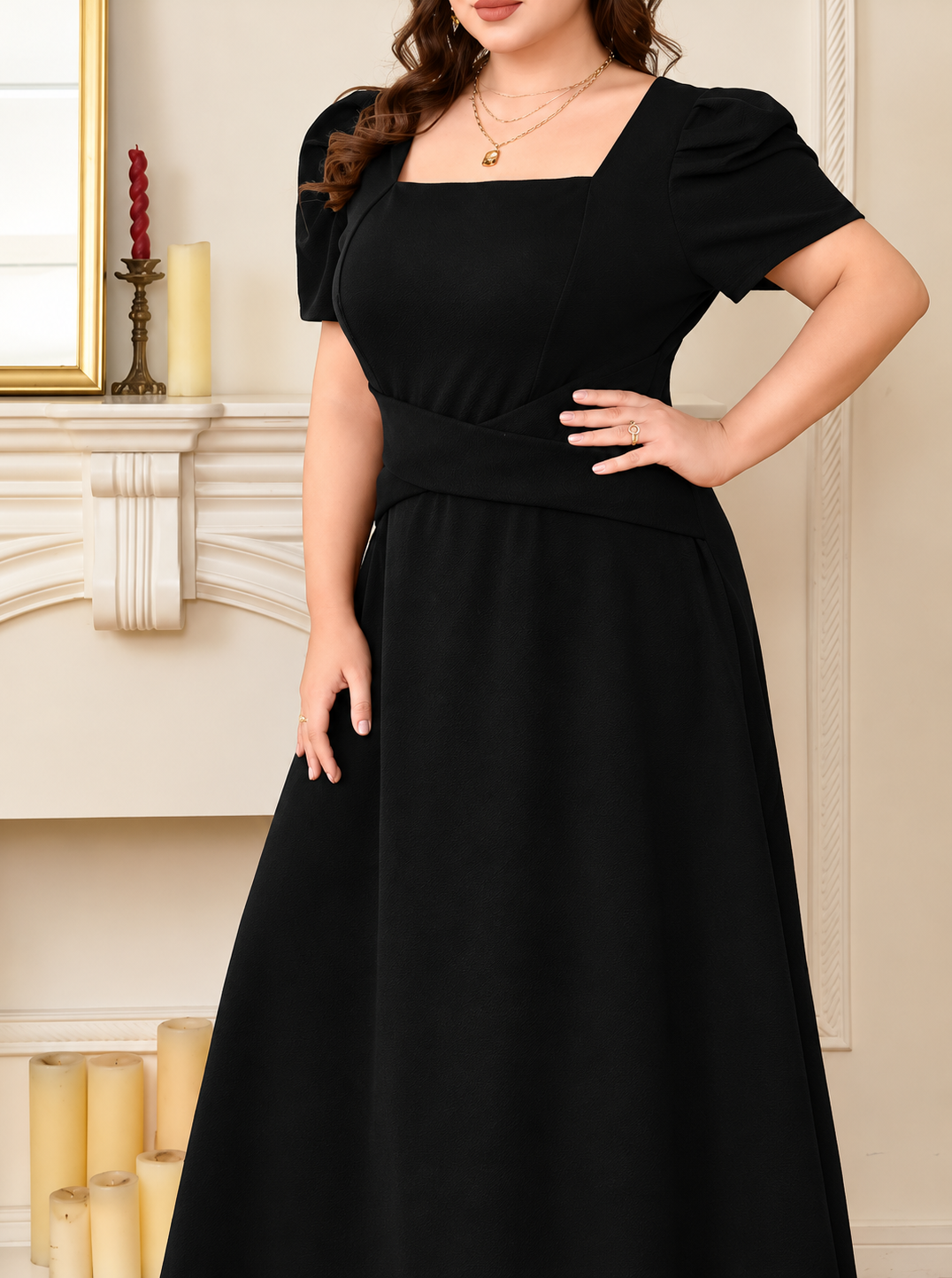 Plus Size Square Neck Puff Sleeve Midi Dress