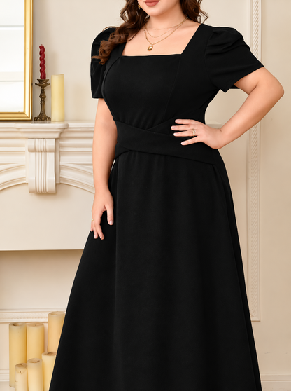 Plus Size Square Neck Puff Sleeve Midi Dress