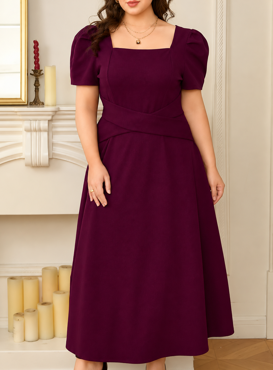 Plus Size Square Neck Puff Sleeve Midi Dress