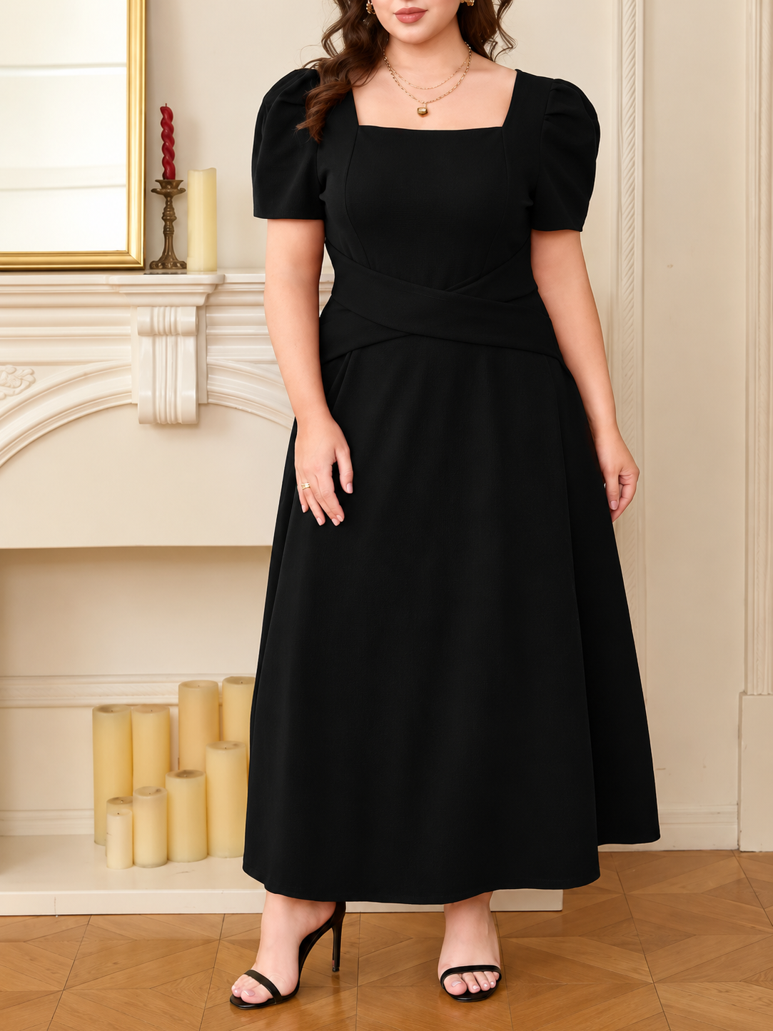 Plus Size Square Neck Puff Sleeve Midi Dress
