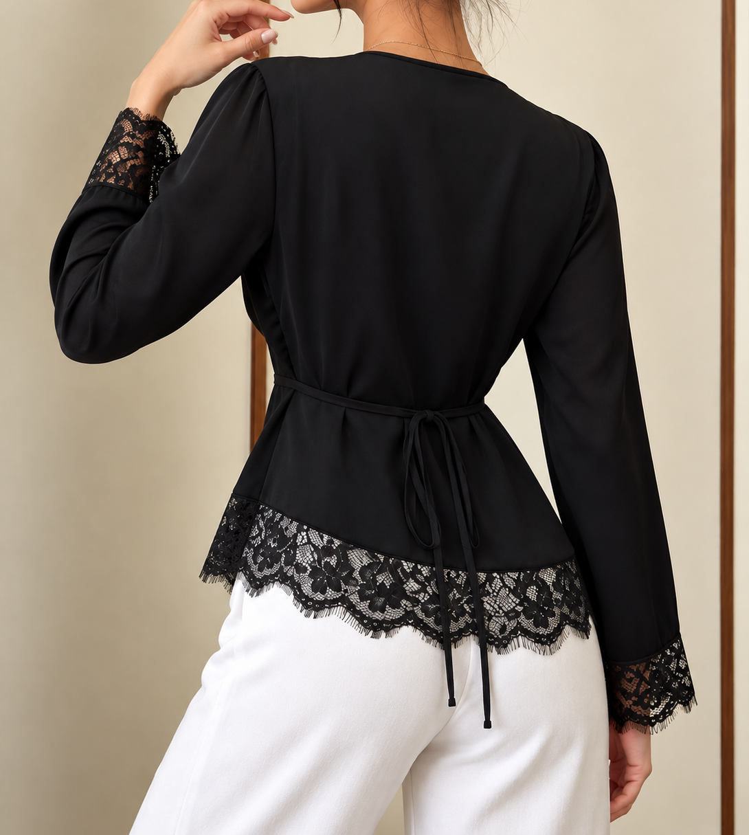 Lace Trim Cowl Neck Blouse