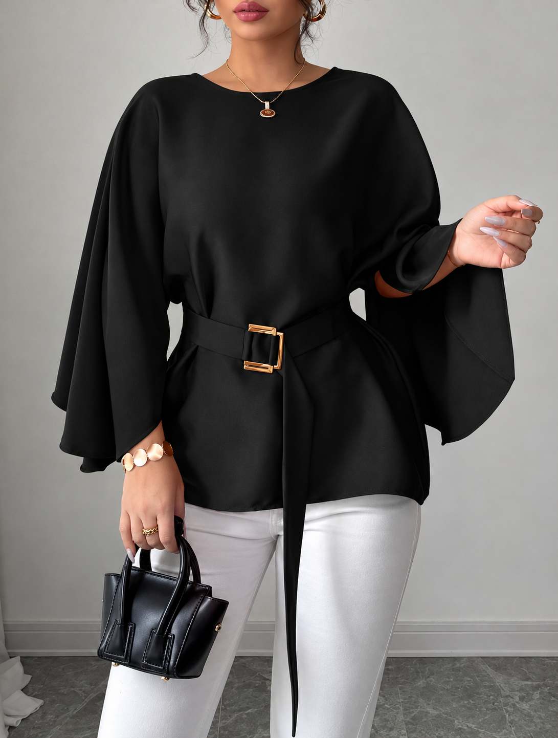 Batwing Sleeve Belted Blouse