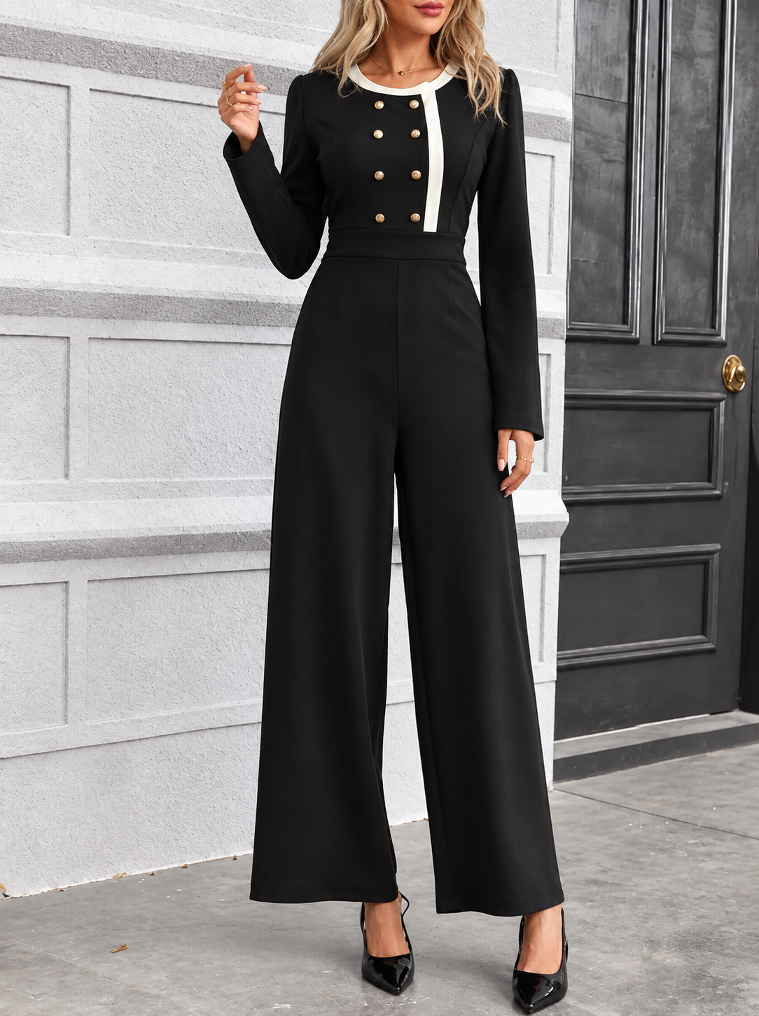 Button-Decor Long Sleeve Wide Leg Jumpsuit