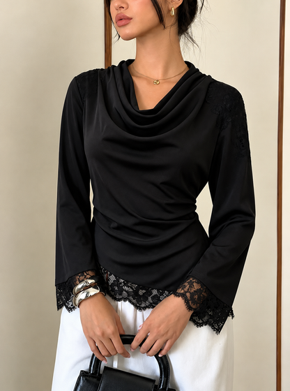 Lace Trim Cowl Neck Blouse