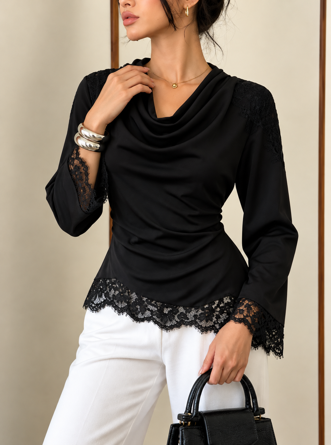 Lace Trim Cowl Neck Blouse