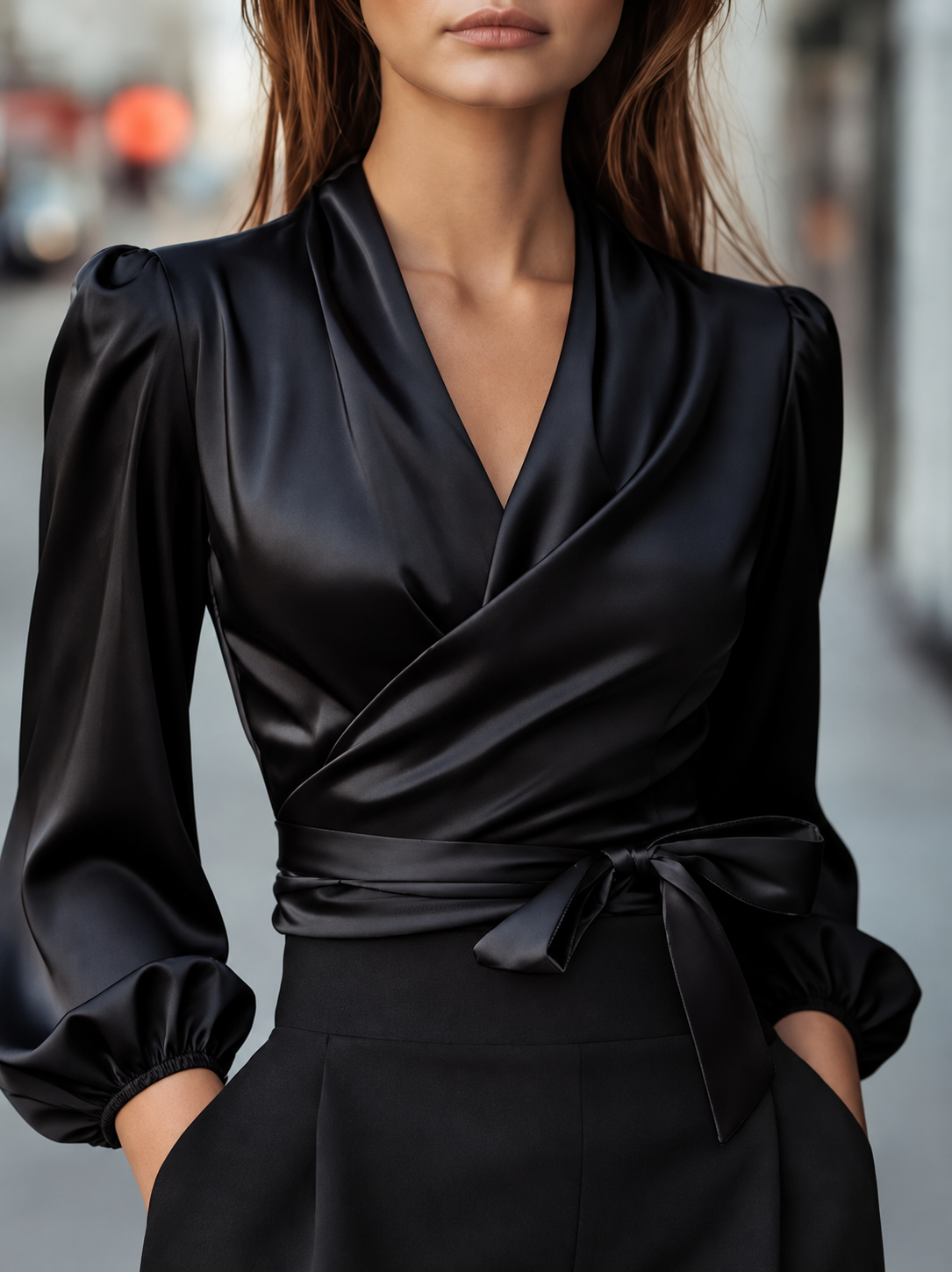Satin Tied Balloon Sleeve Blouse