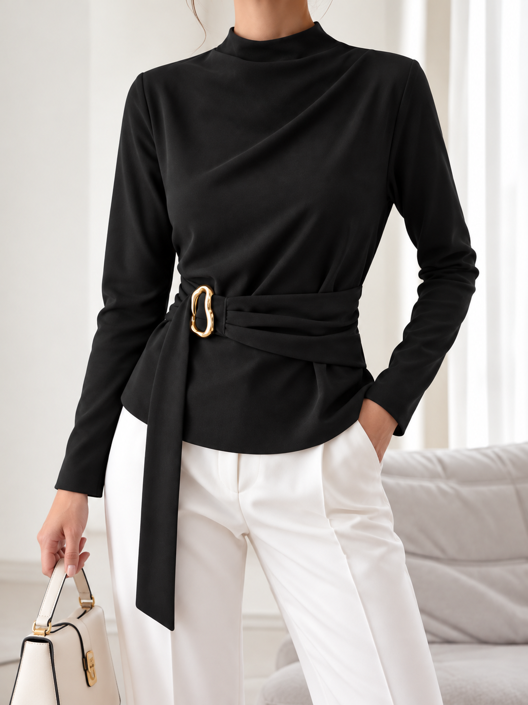 Mock Neck Blouse with Waist-Defining Metal Buckle Detail