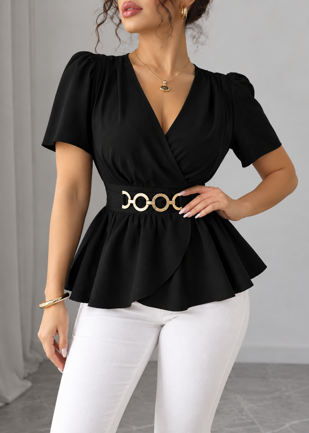 Surplice Short Sleeve Blouse