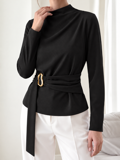 Mock Neck Blouse with Waist-Defining Metal Buckle Detail