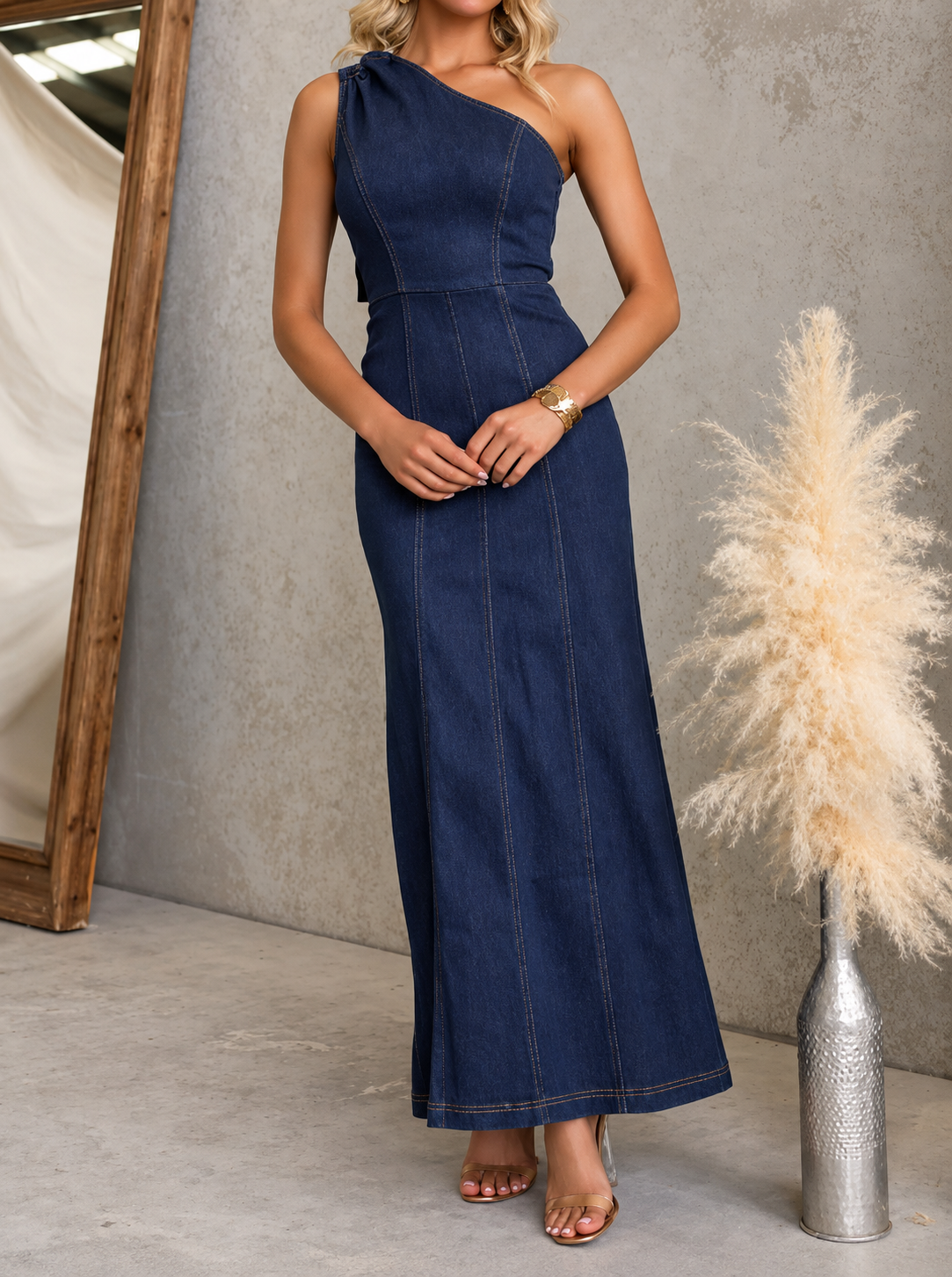 One-Shoulder Slim-Fit Denim Maxi Dress