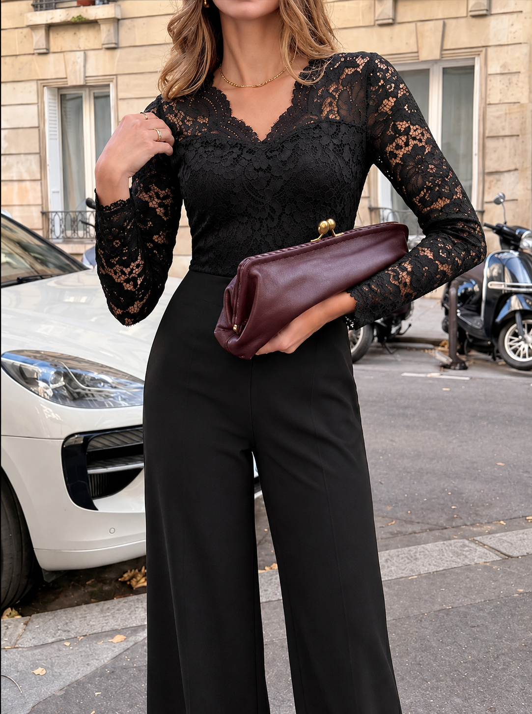 Lace Long Sleeve Wide-Leg Jumpsuit