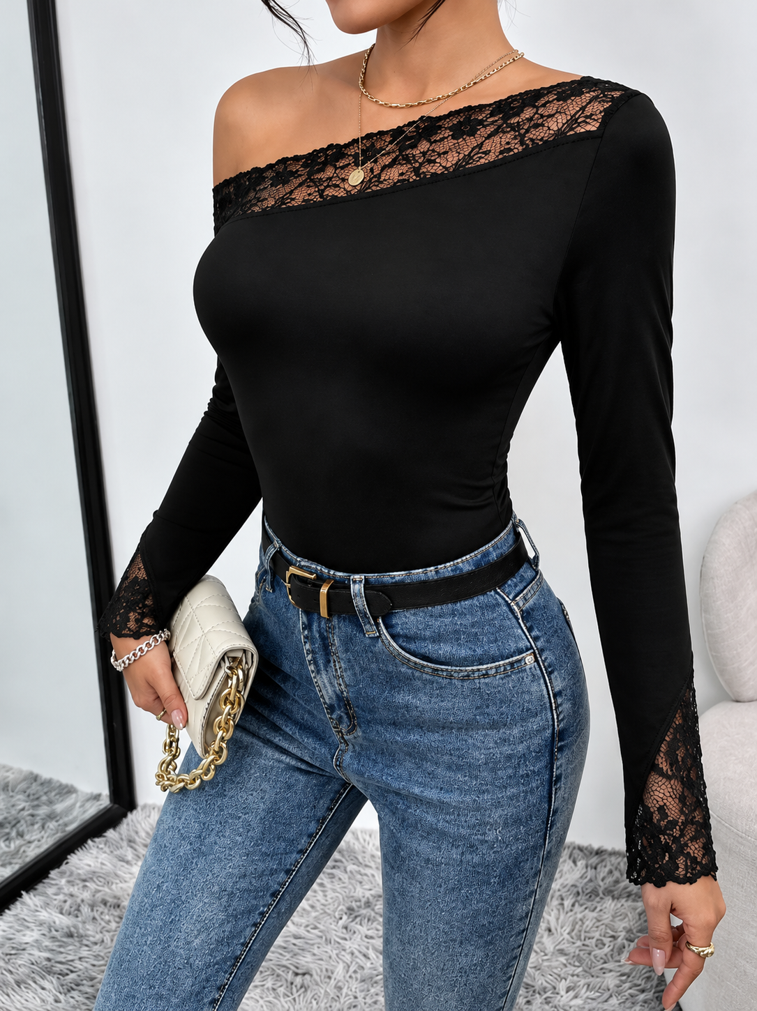 Lace Trim One Shoulder Bodysuit
