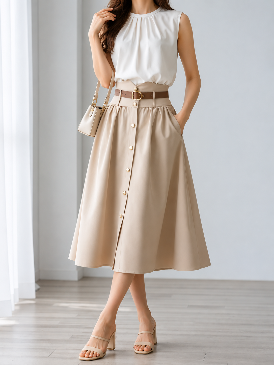 High-Waisted A-Line Midi Skirt