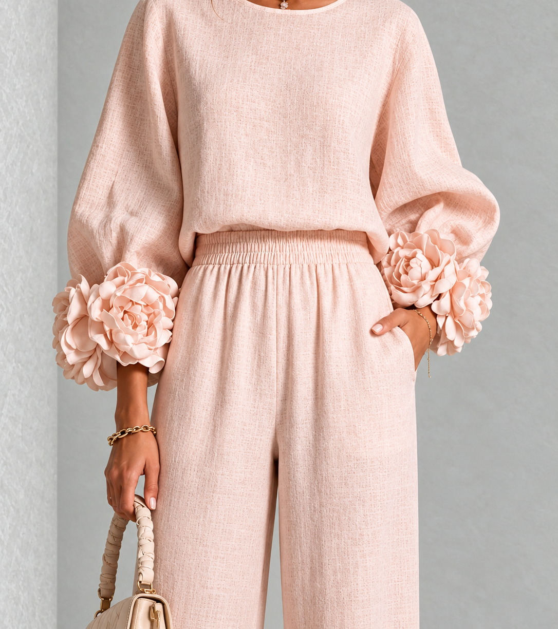Full Size Floral Cuffs Top and Wide Leg Pants Set (Plus Size inculuded)