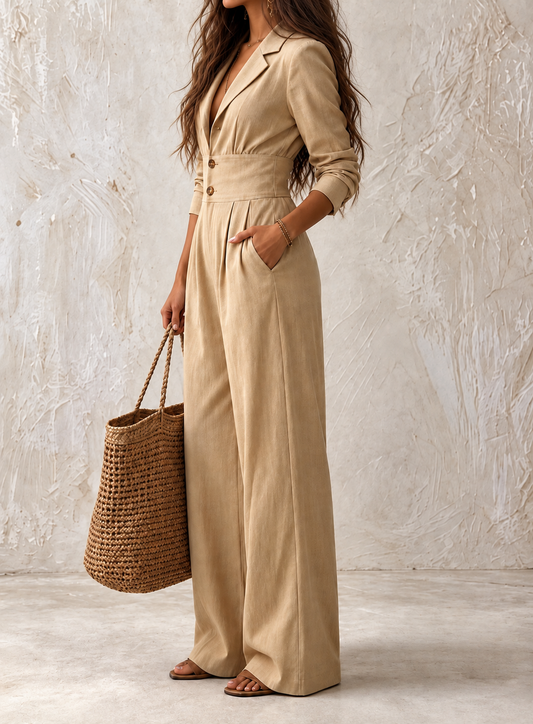 Lapel Collar Button Front Wide-Leg Jumpsuit