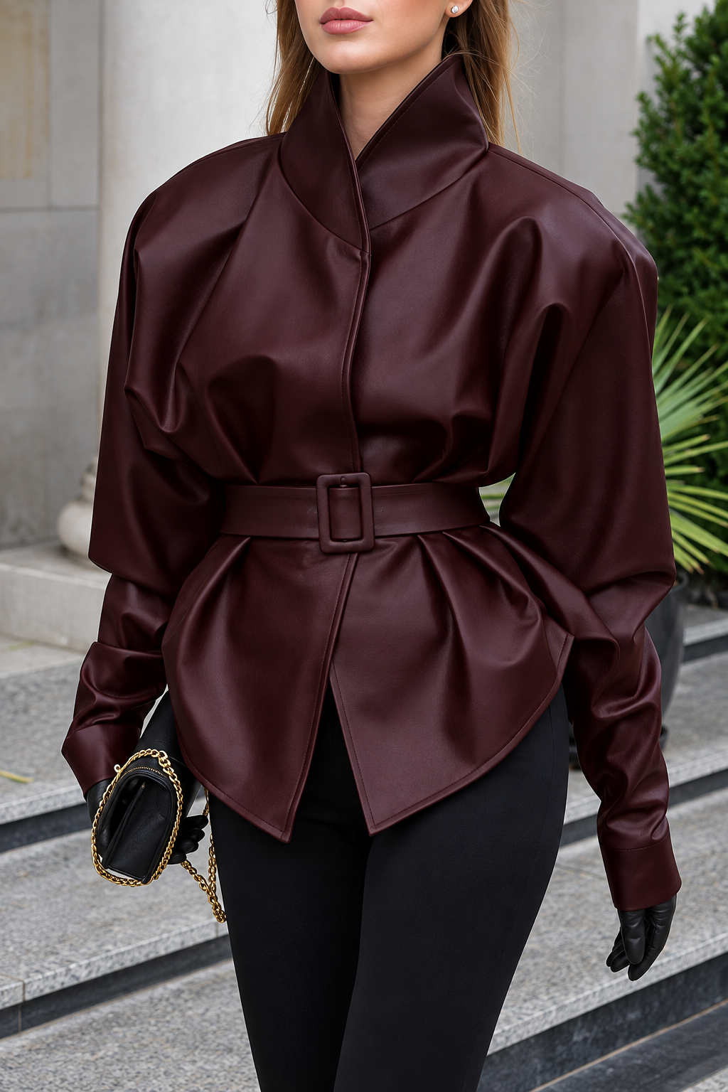 Stand Collar Belted Faux Leather Jacket