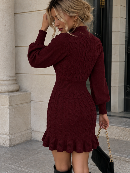 Cable Knit Mock Neck Ruffle Hem Sweater Dress