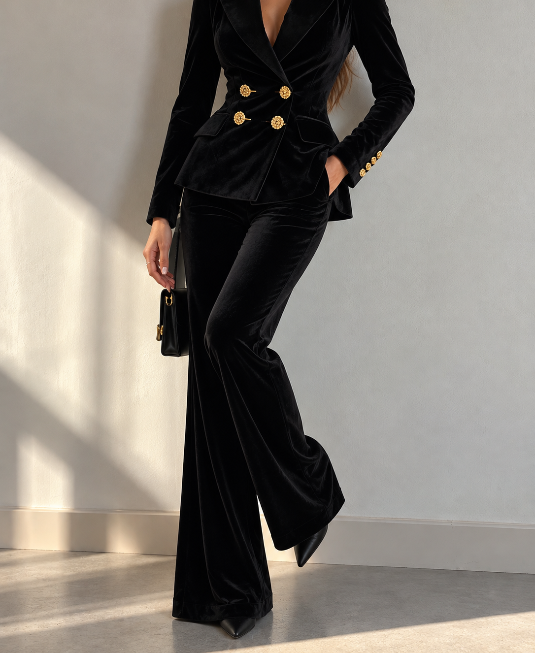 Velvet Double-Breasted Blazer and Flared Pants Set