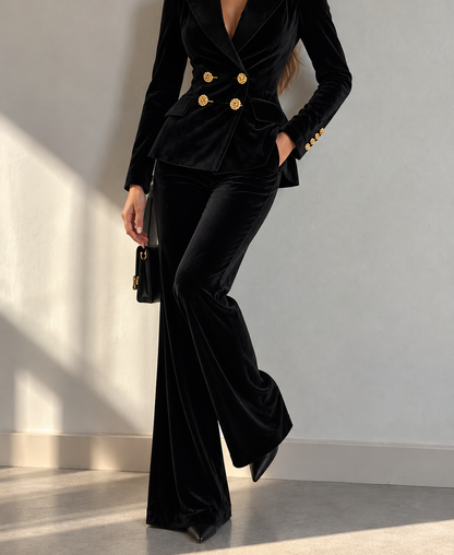 Velvet Double-Breasted Blazer and Flared Pants Set