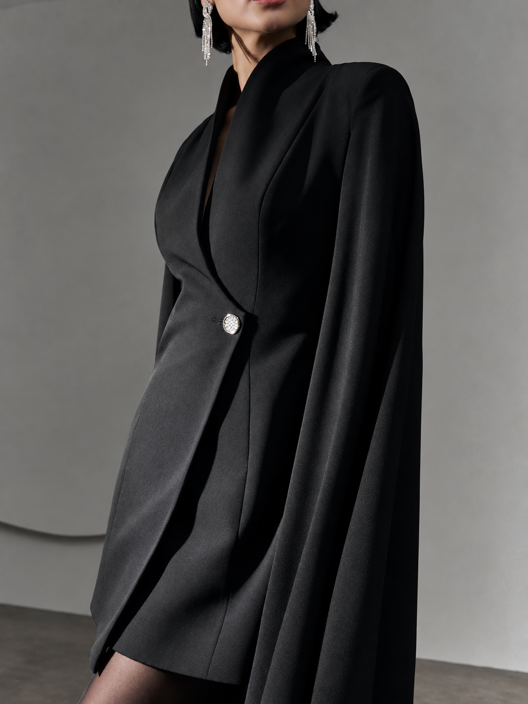 One Button Fitted Mini Blazer Dress with Cape Sleeves