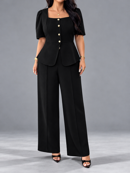 Plus Size Peplum Top and Wide-Leg Pants Two-Piece Set