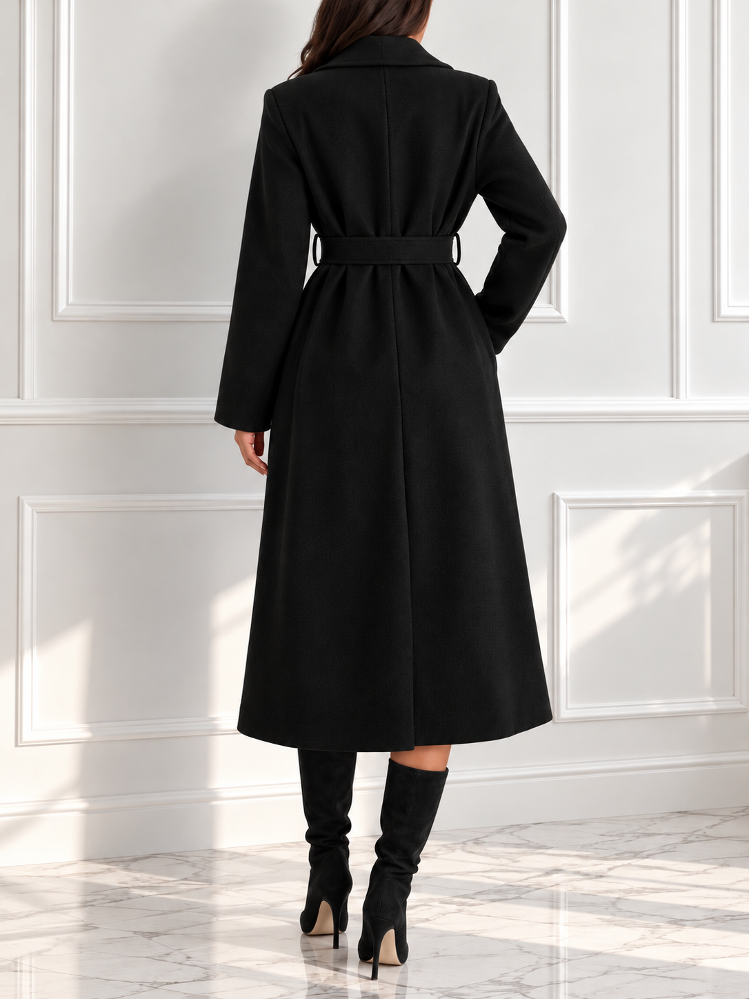 Lapel Collar Long Sleeve Belted Coat