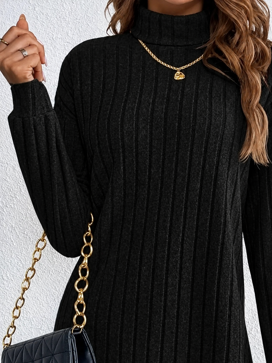 Ribbed Knit Turtleneck Mini Dress