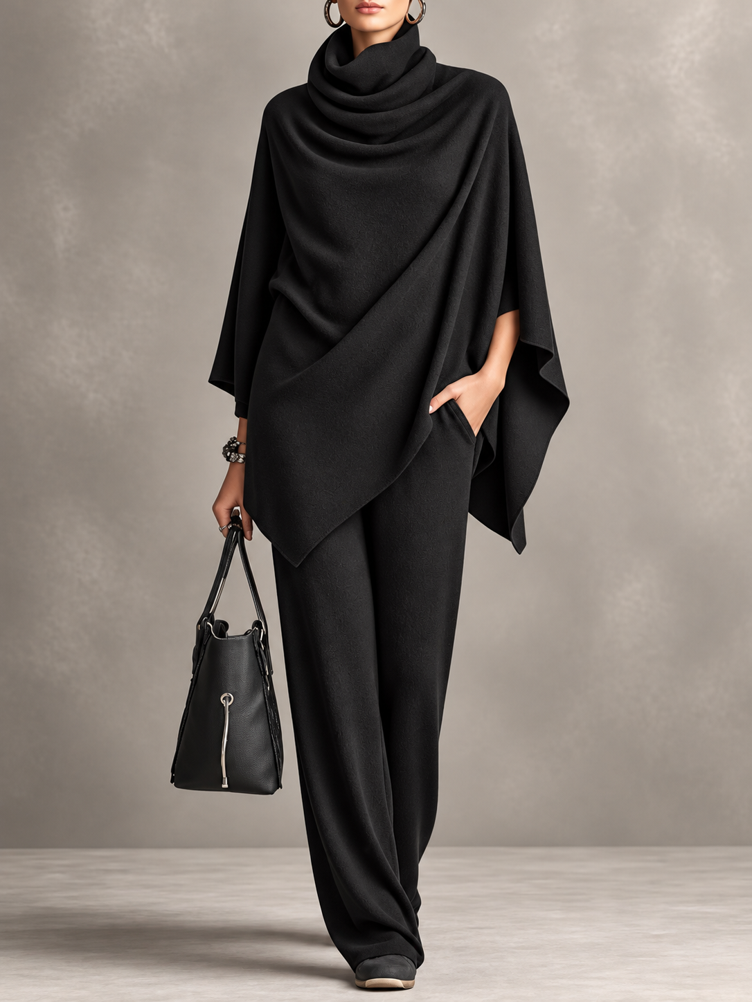 Full Size Turtleneck Poncho and Wide-Leg Pants Set( Plus Size included)