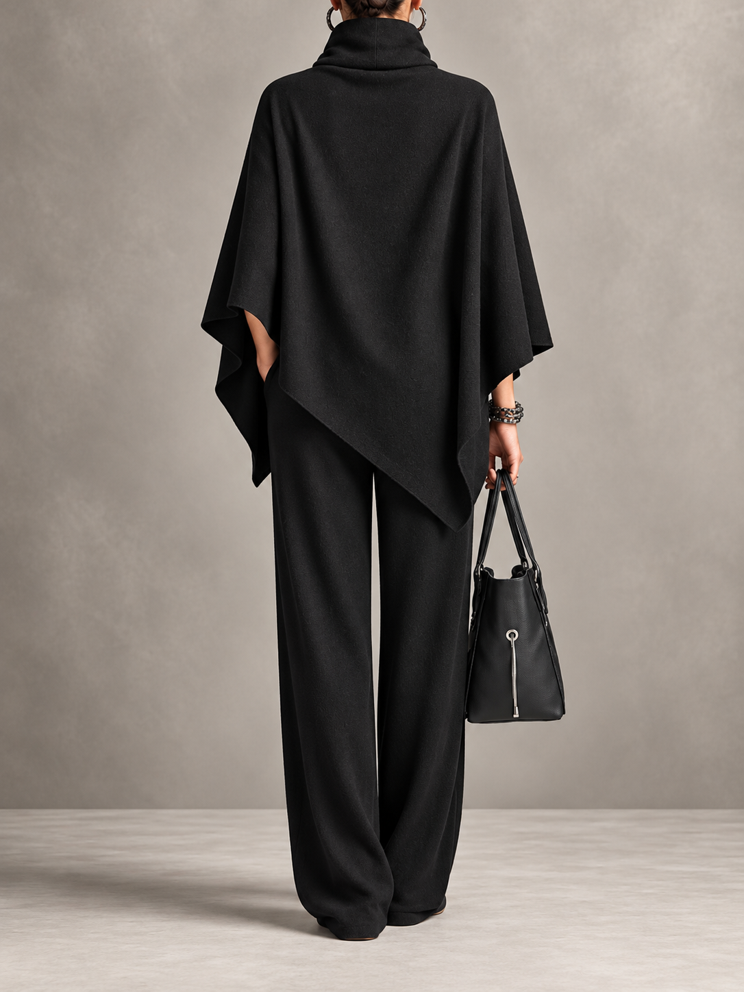 Full Size Turtleneck Poncho and Wide-Leg Pants Set( Plus Size included)