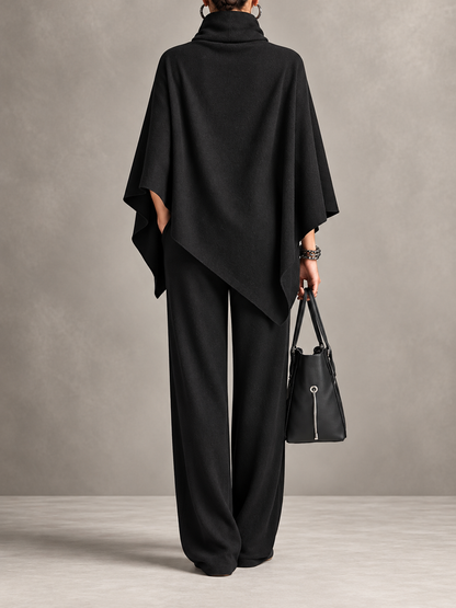 Full Size Turtleneck Poncho and Wide-Leg Pants Set( Plus Size included)